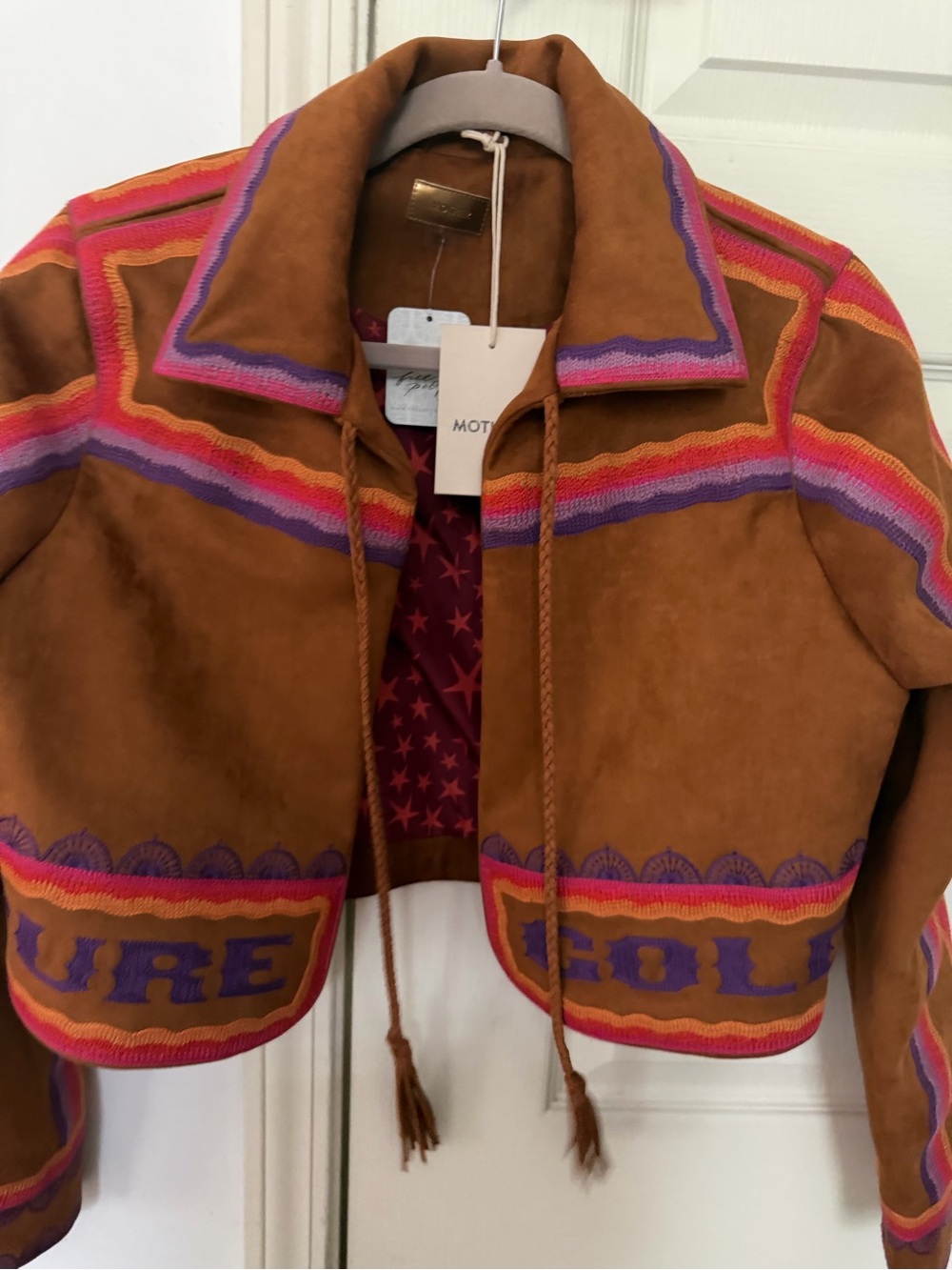 MOTHER Brown Suede Cropped Jacket with Pink & Purple Trim - Picture 6 of 9